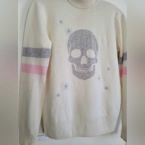 27 Miles Malibu Maja Skull 100% Cashmere Sweater Womens Small Ivory Mock Neck - Picture 2 of 16